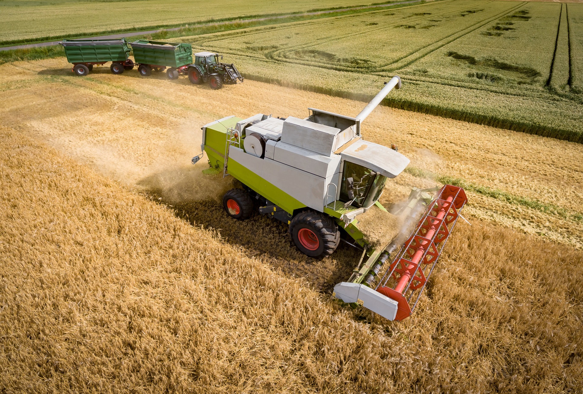 Getreideernte - Mähdrescher und Traktor mit zwei Anhängern, Luftbild